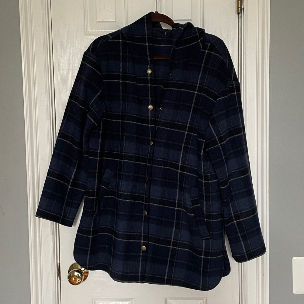 NWOT Blue plaid Maneco Hooded Wool Coat Size Small